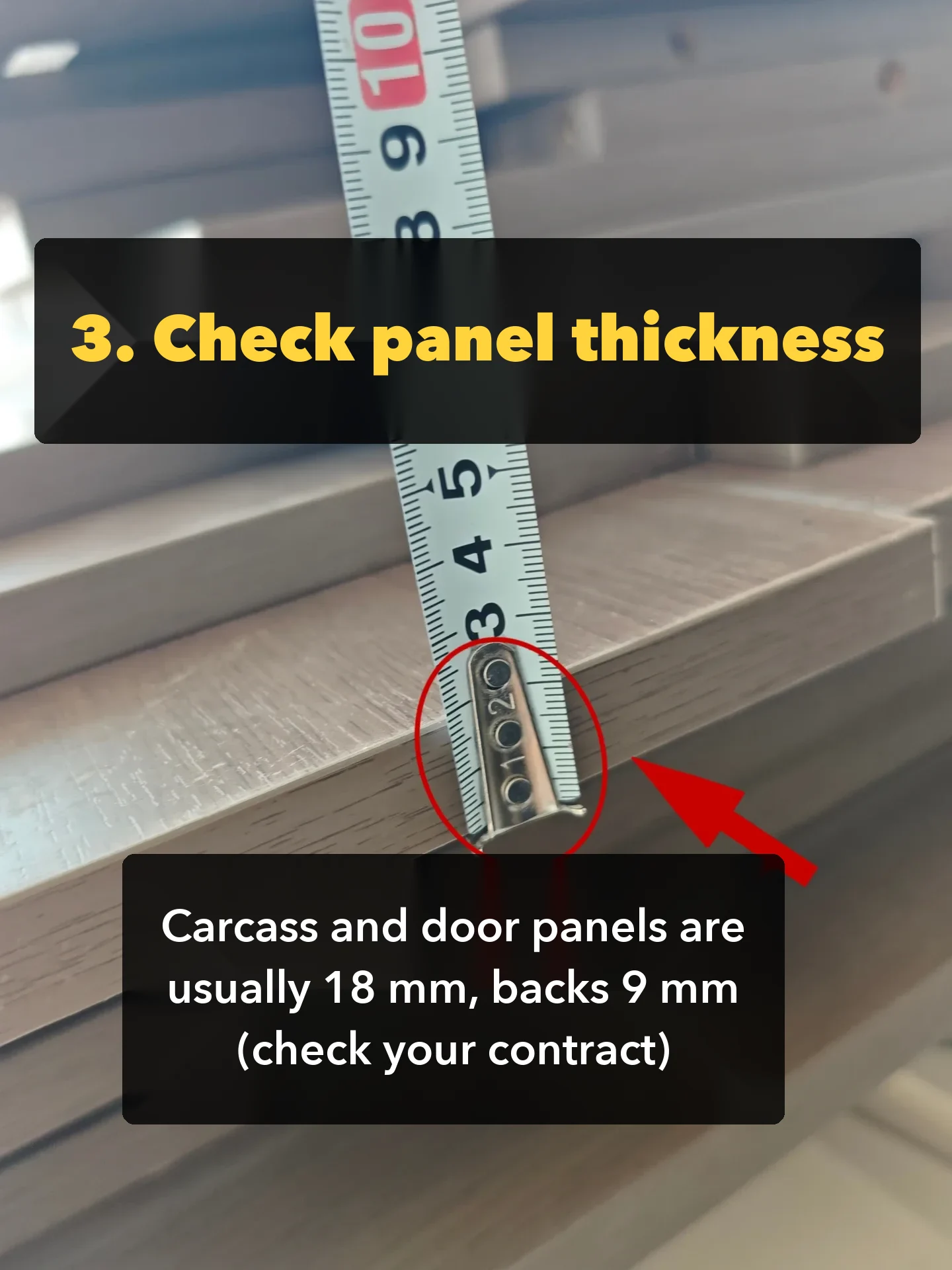 A thickness check recorded with a photo: carcass and door panels are usually 18 mm and backs 9 mm, but the figure that counts is the one in your.