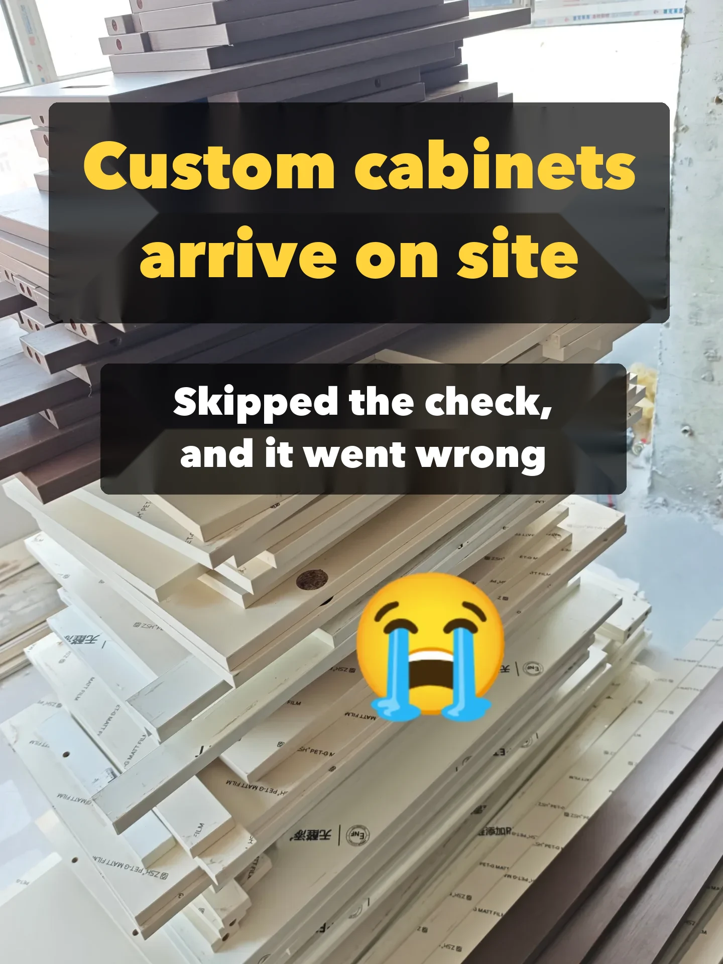 Cover of a buyer post about custom cabinets delivered to site and not checked on arrival; the problems surfaced only after installation.