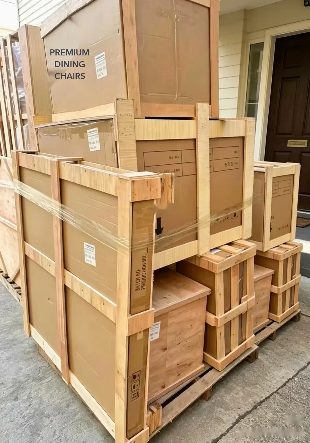 Crated furniture outside a client's home, posted by the same agent. The label reads “Premium dining chairs”. Consolidation means goods from several.