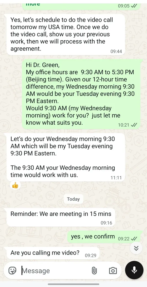 An agent and a US client arrange a video call across a 12-hour time difference before signing a sourcing agreement.
