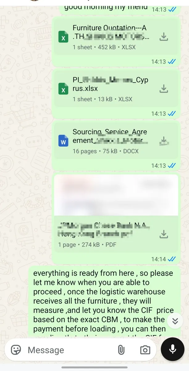 Paperwork in the same agent's chat: a furniture quotation, a proforma invoice and a 16-page sourcing-service agreement, with the CIF freight price to.