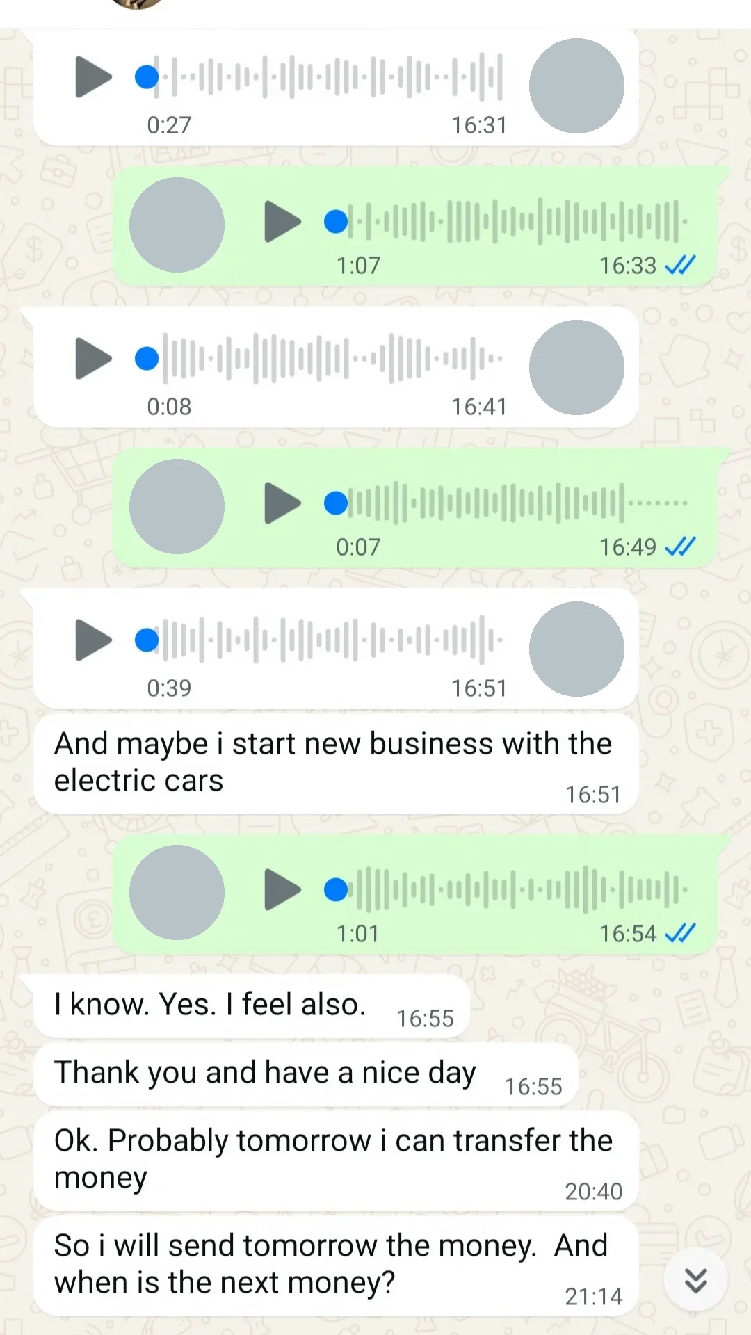 A Cyprus client arranges his next transfer in the agent's chat and asks when the following payment is due (profile photos removed). Agree the payment.