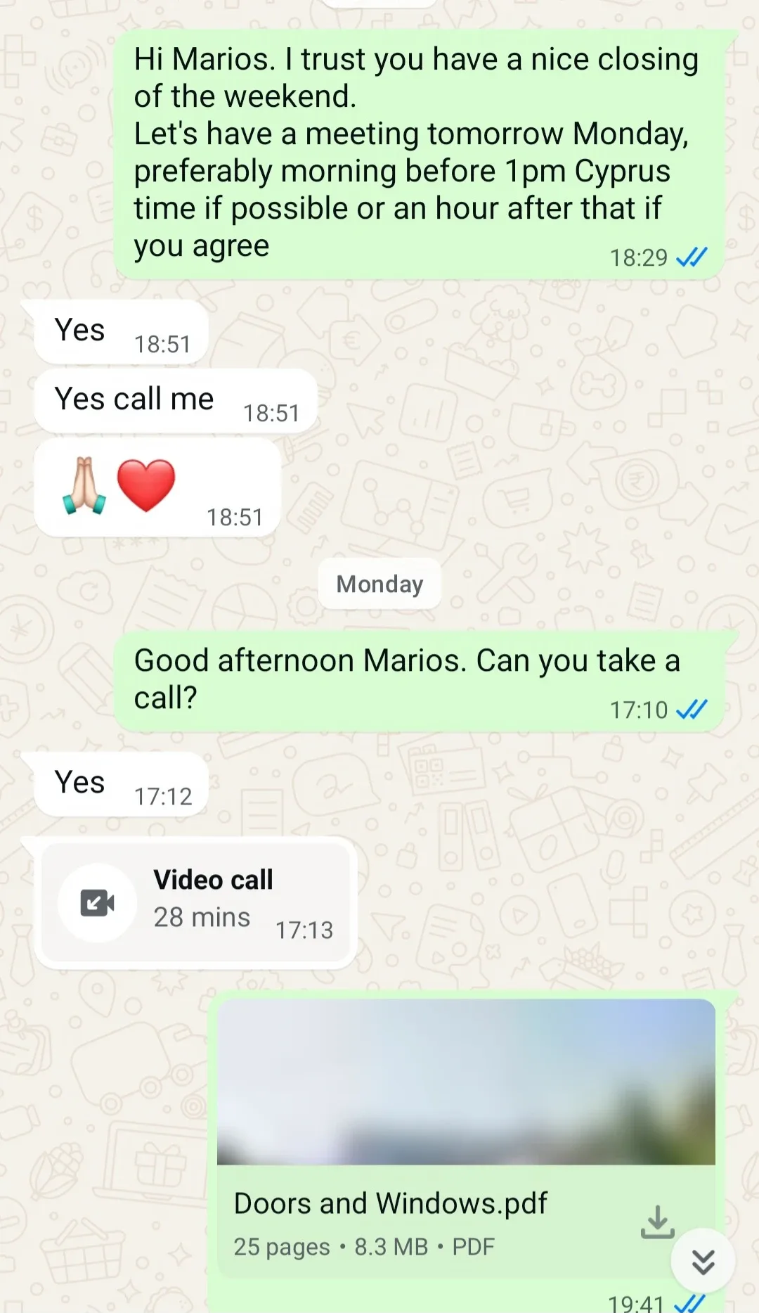The agent books a 28-minute video call with a Cyprus developer and sends a 25-page doors-and-windows file. Show-flat projects bring in building.