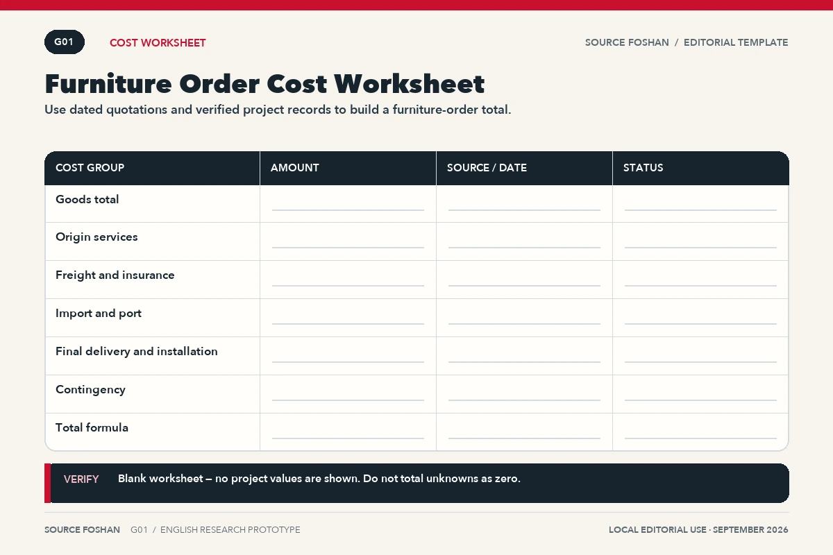 English blank furniture order cost worksheet with cost groups, amount, source, date and status fields.