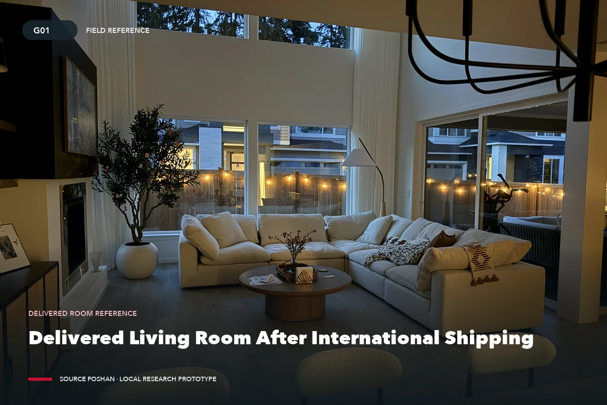 Living room furniture arranged at the destination after international delivery.