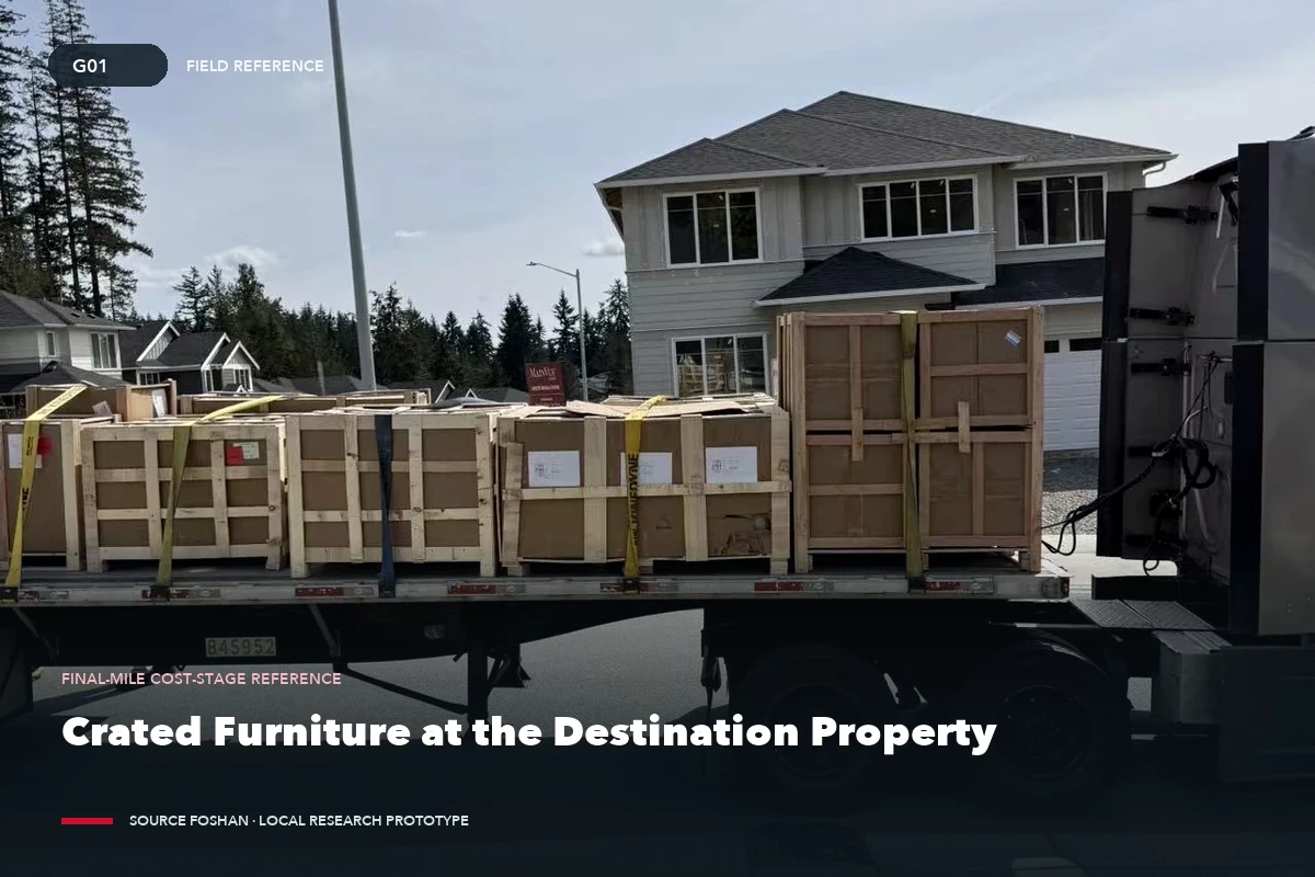 Furniture crates on a final-mile truck outside the destination property.