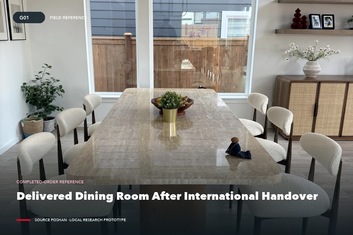 Dining room furniture photographed after international delivery and final placement