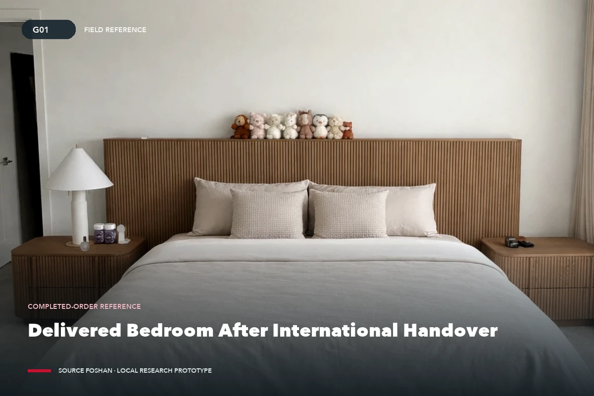 Bedroom furniture photographed after international delivery and final placement