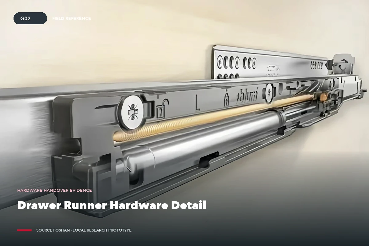 Metal drawer runner photographed for cabinet hardware identification and handover