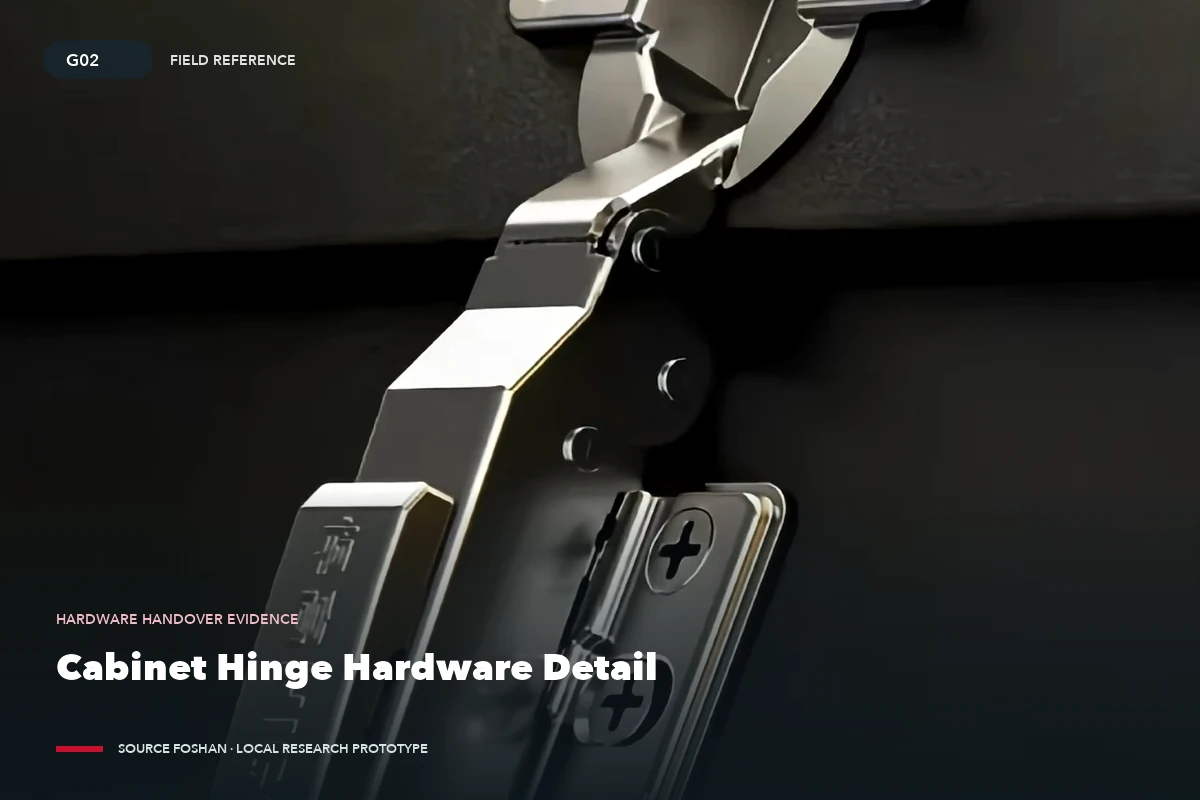 Concealed cabinet hinge photographed for hardware identification and adjustment records