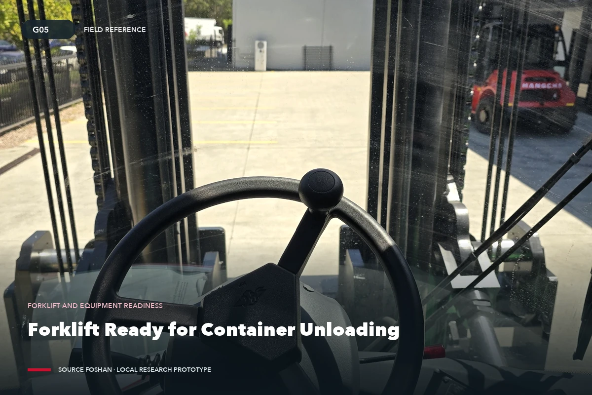 Forklift positioned for safe container unloading at the destination warehouse.