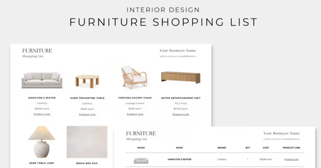 Laptop screen showing a furniture list with item names, brands, quantities and prices