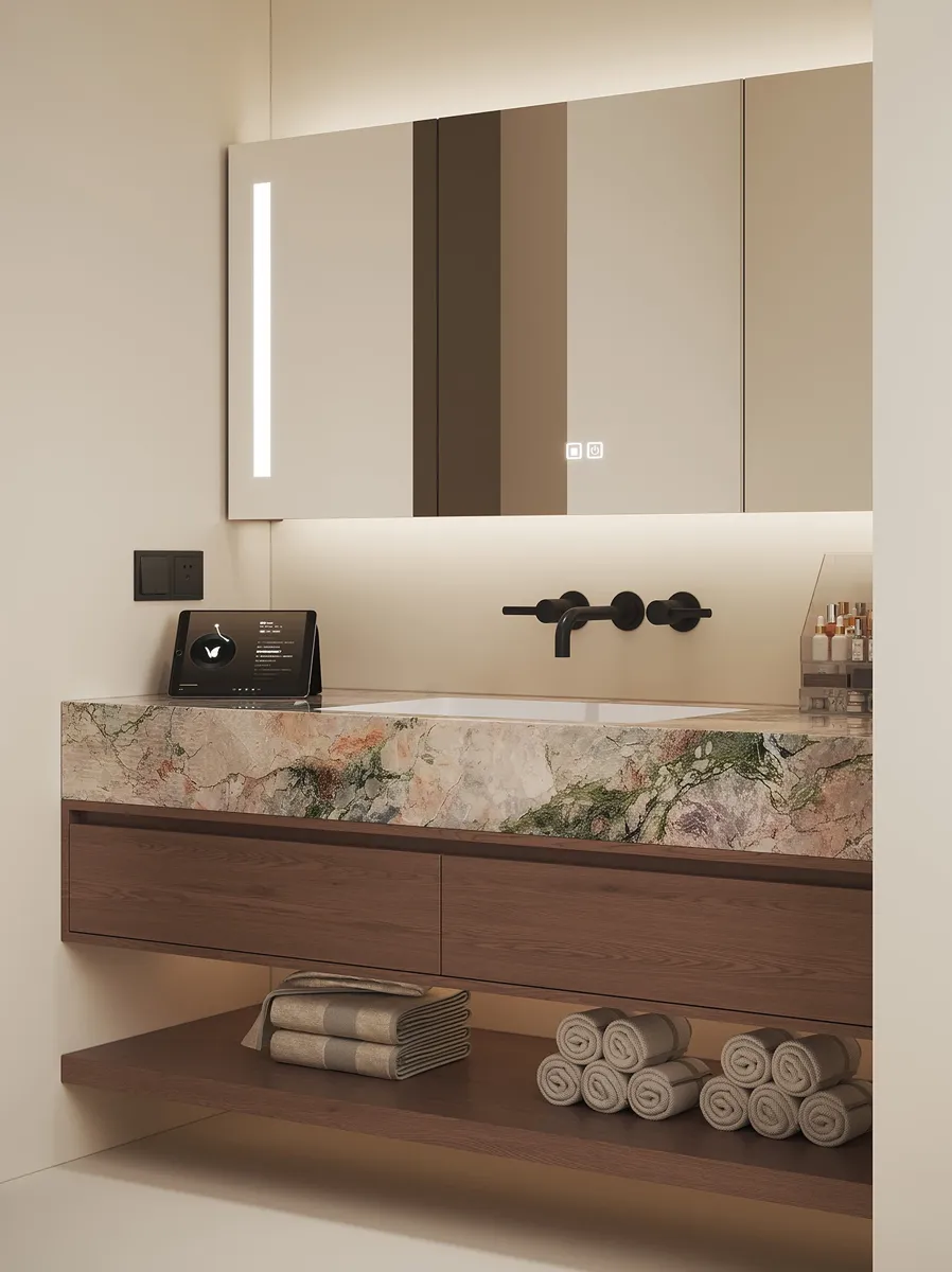 A hotel-style bathroom vanity from a seller's post: walnut-tone cabinet, stone-look counter and demisting mirror cabinet. The seller offers widths of.
