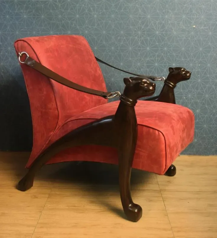 The same panther-leg lounge chair in red suede, from the factory seller's post. One frame offered in many fabrics is why a specification must name.