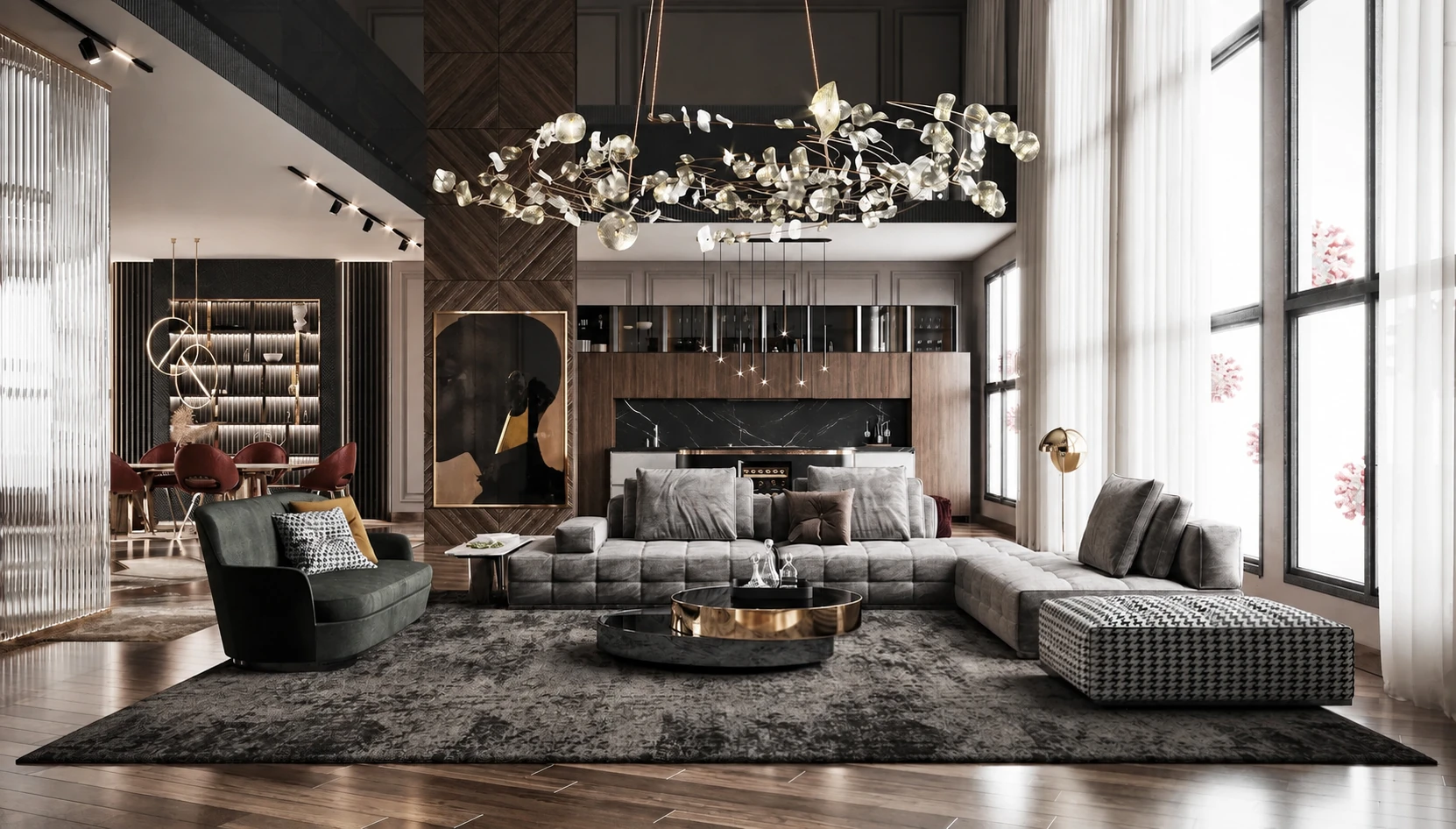 A double-height villa living room from a Shanghai villa design firm's showcase post (a seller promotion). Villa and show-unit packages are specified.