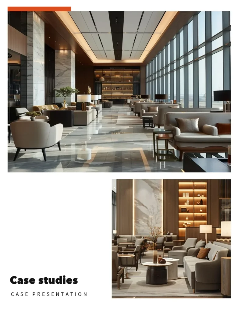 A hotel-lounge render from a hotel-furniture seller's case-study post (a seller promotion): lounge chairs, sofas and tables are typical of a.