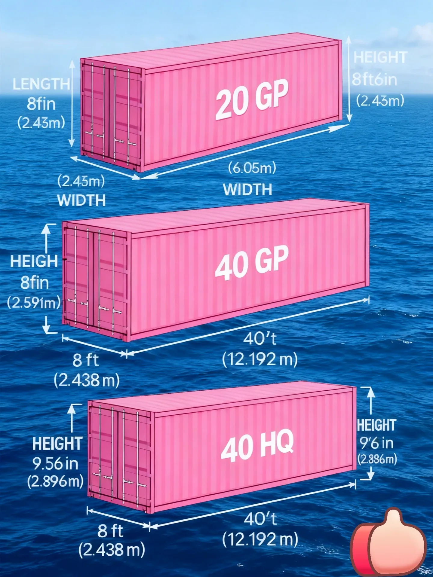 External dimensions of the 20GP, 40GP and 40HQ in feet and metres; the high cube's extra height is what makes it the usual choice for furniture.
