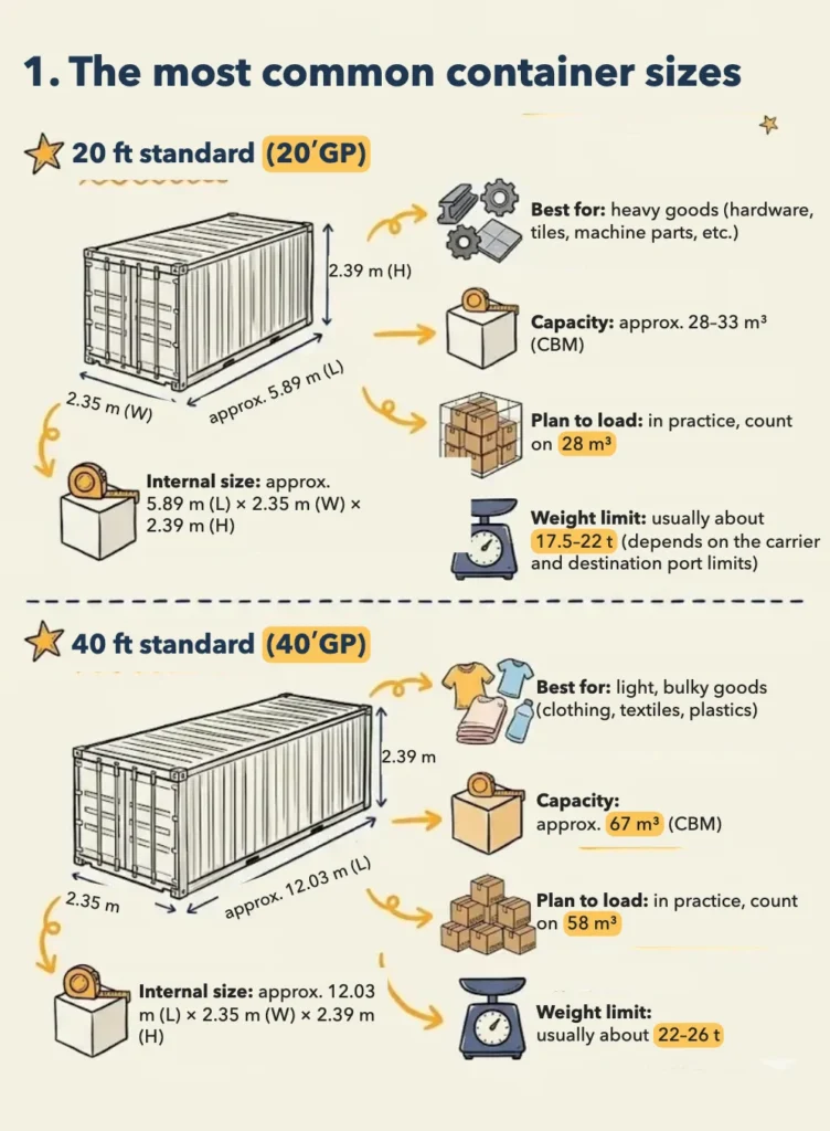 An illustrated guide to the 20ft standard container (20′GP): about 5.89 × 2.35 × 2.39 m inside, 28–33 m³, with a practical planning load of 28 m³ and.