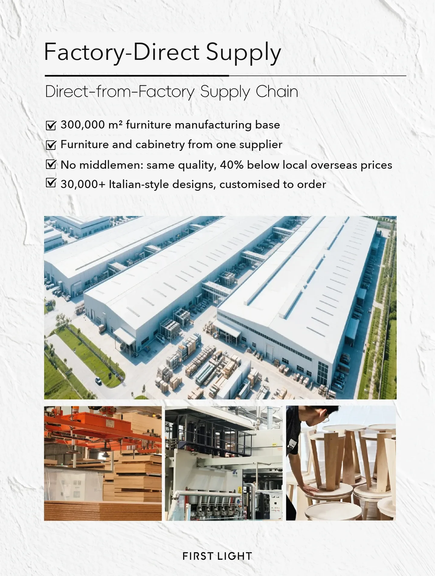 The factory-direct pitch, from a design studio's buyer post: a large manufacturing base, no middlemen and a claimed 40% saving on local prices. Treat.