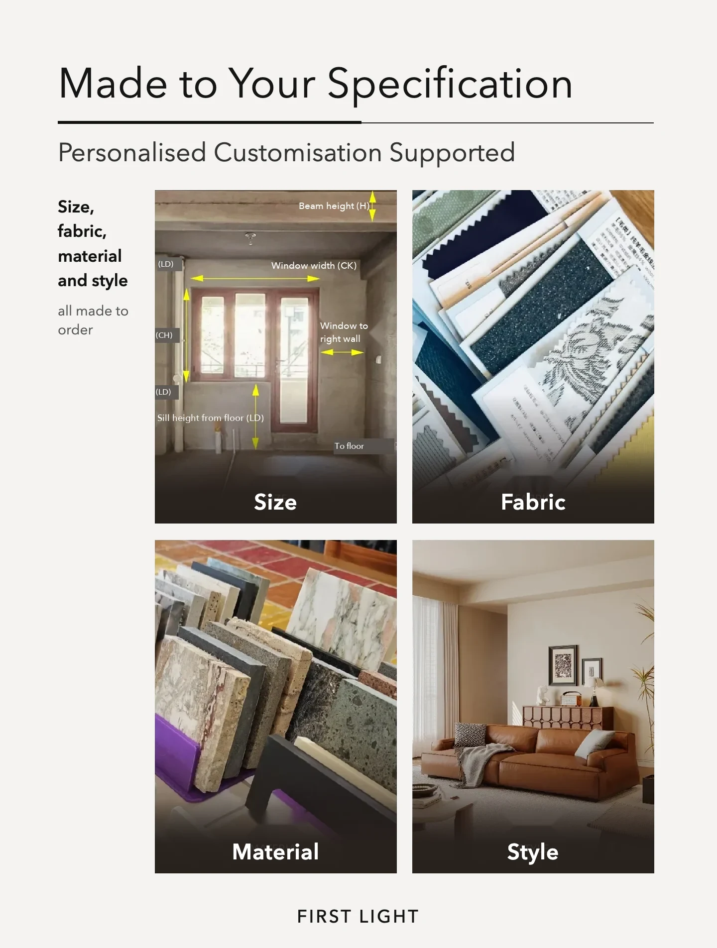 The four things a custom order has to pin down, as shown in a studio's buyer post: site measurements, fabric, material and style. Two quotes are only.