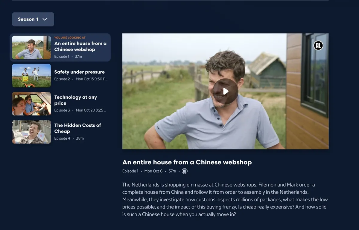 The same series' episode list, including episodes on safety testing, customs inspection and the hidden costs of cheap goods.