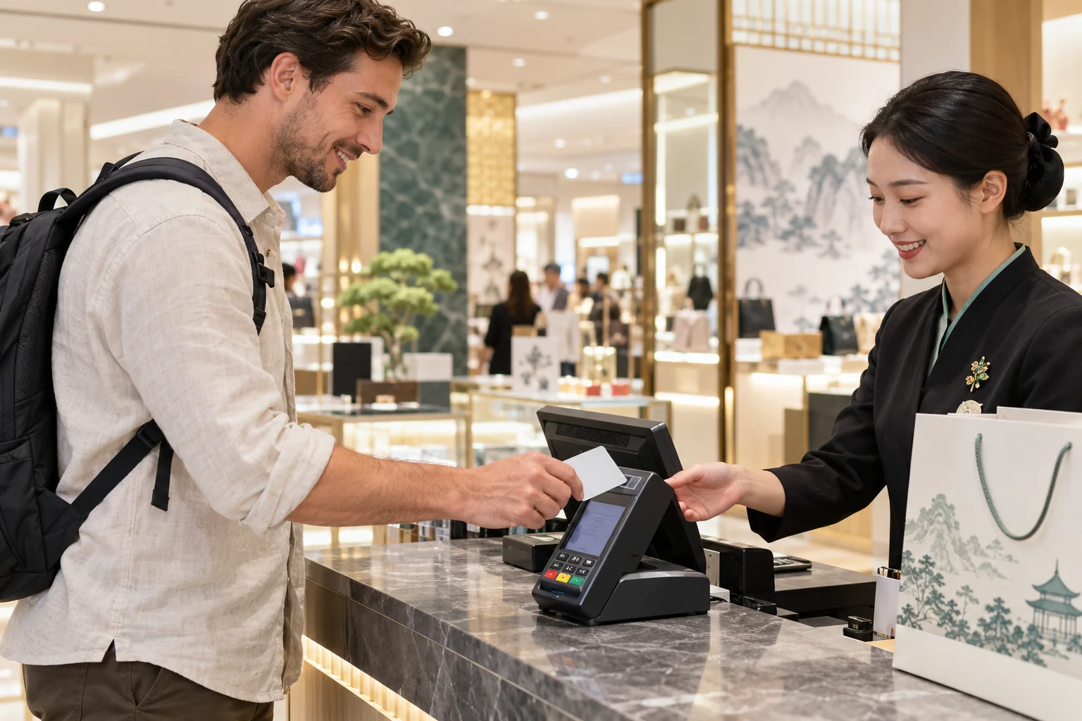 International visitor tapping a physical bank card at a retail checkout in China