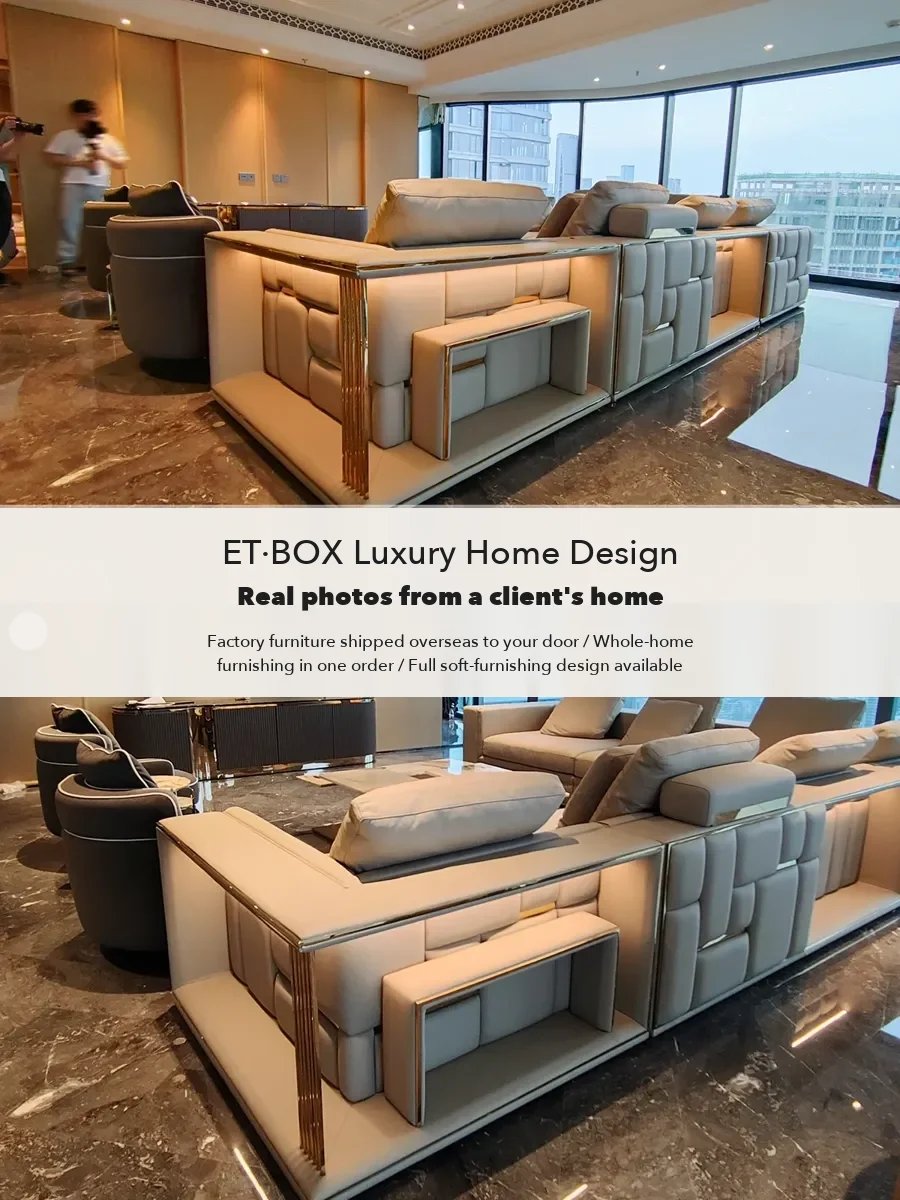 A living room furnished from China by a design firm with its own factory. This is one of the blended models: factory furniture sold together with.