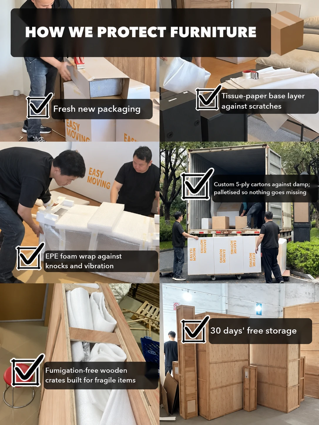 The same forwarder's packing routine: tissue paper, EPE foam, five-ply cartons, pallets, fumigation-free crates for fragile items and 30 days' free.