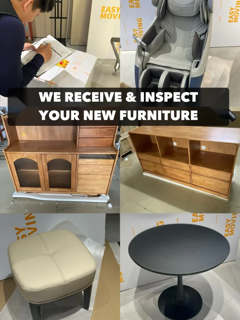 A Guangdong forwarder receiving and checking new furniture at its warehouse before export. Every handover between workshop and door needs someone to.