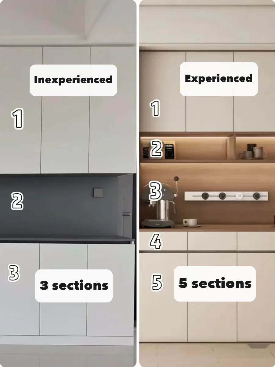 Two tall-unit layouts from a buyer: a plain three-section cabinet versus a five-section unit with a lit open shelf, appliance niche and drawers — the.