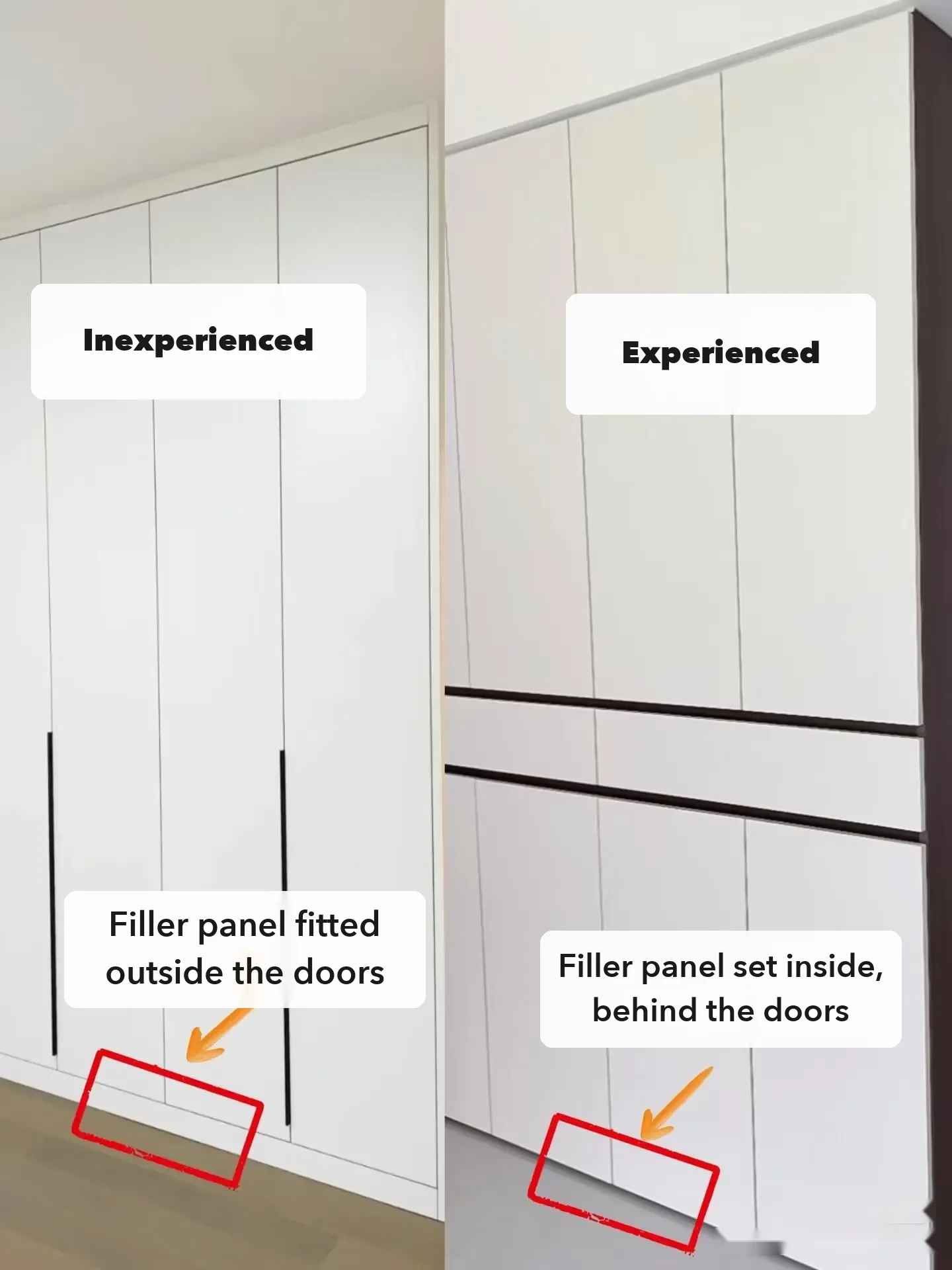Where the bottom filler panel sits: fitted outside the doors (left) or set back behind them (right). A detail to mark on the drawing, because the.