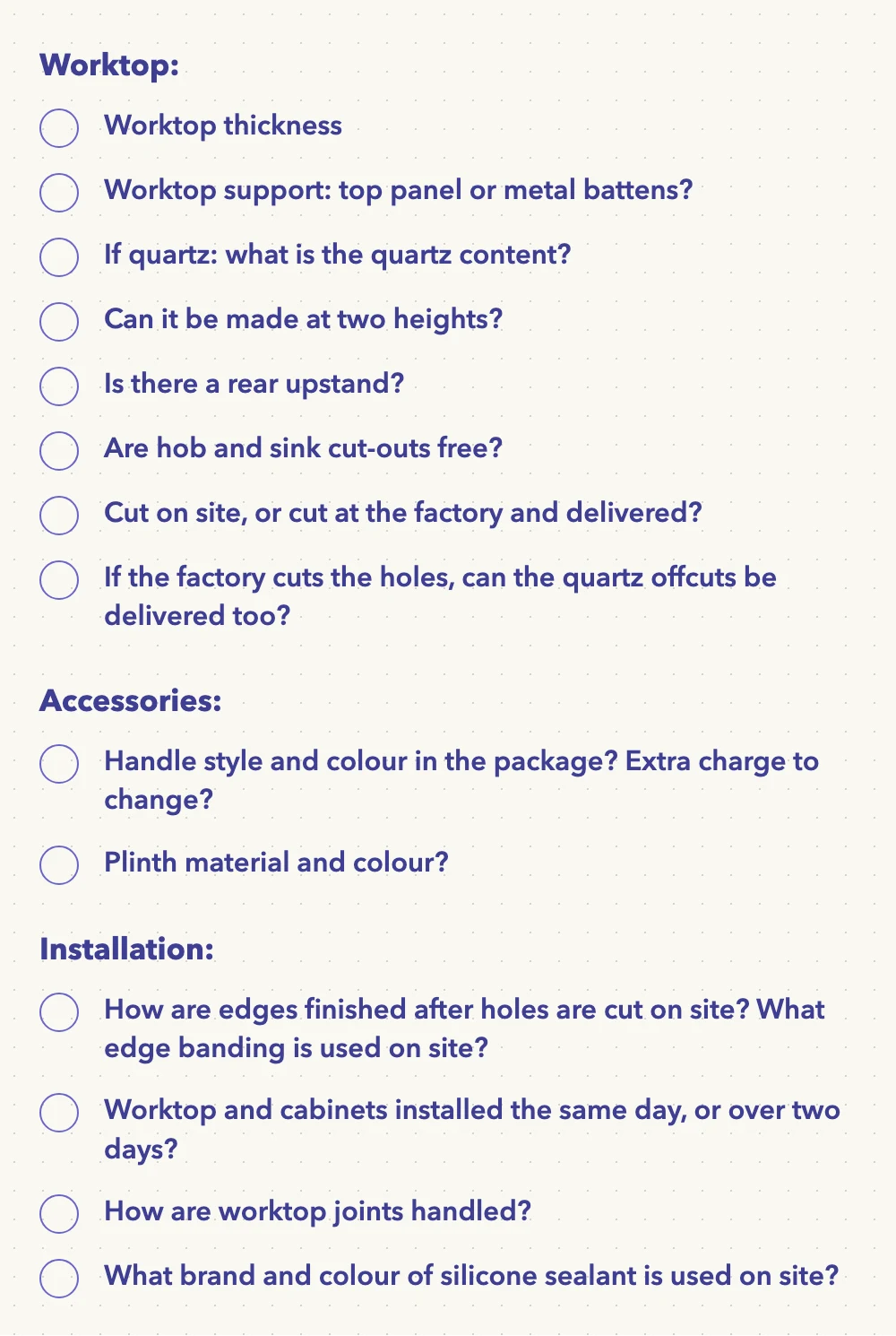 Worktop, accessory and installation questions from the Beijing buyer's checklist: worktop support and cut-outs, whether the worktop is cut on site or.