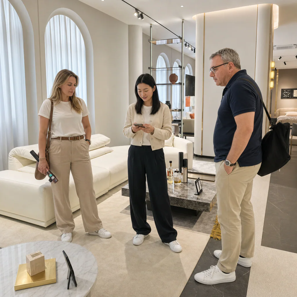 Two local sourcing staff walking a bright furniture showroom with an older Western client