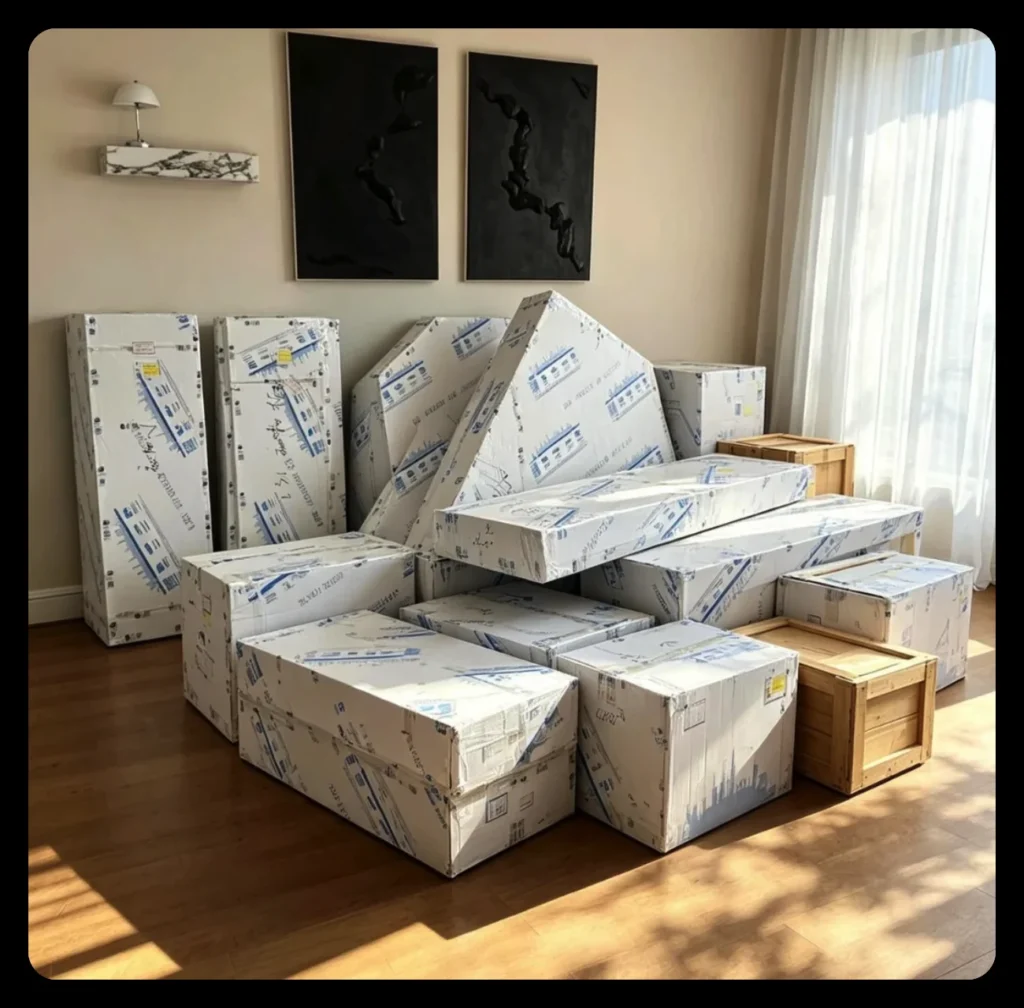 Export-packed furniture cartons stacked outdoors, each with a printed shipping label