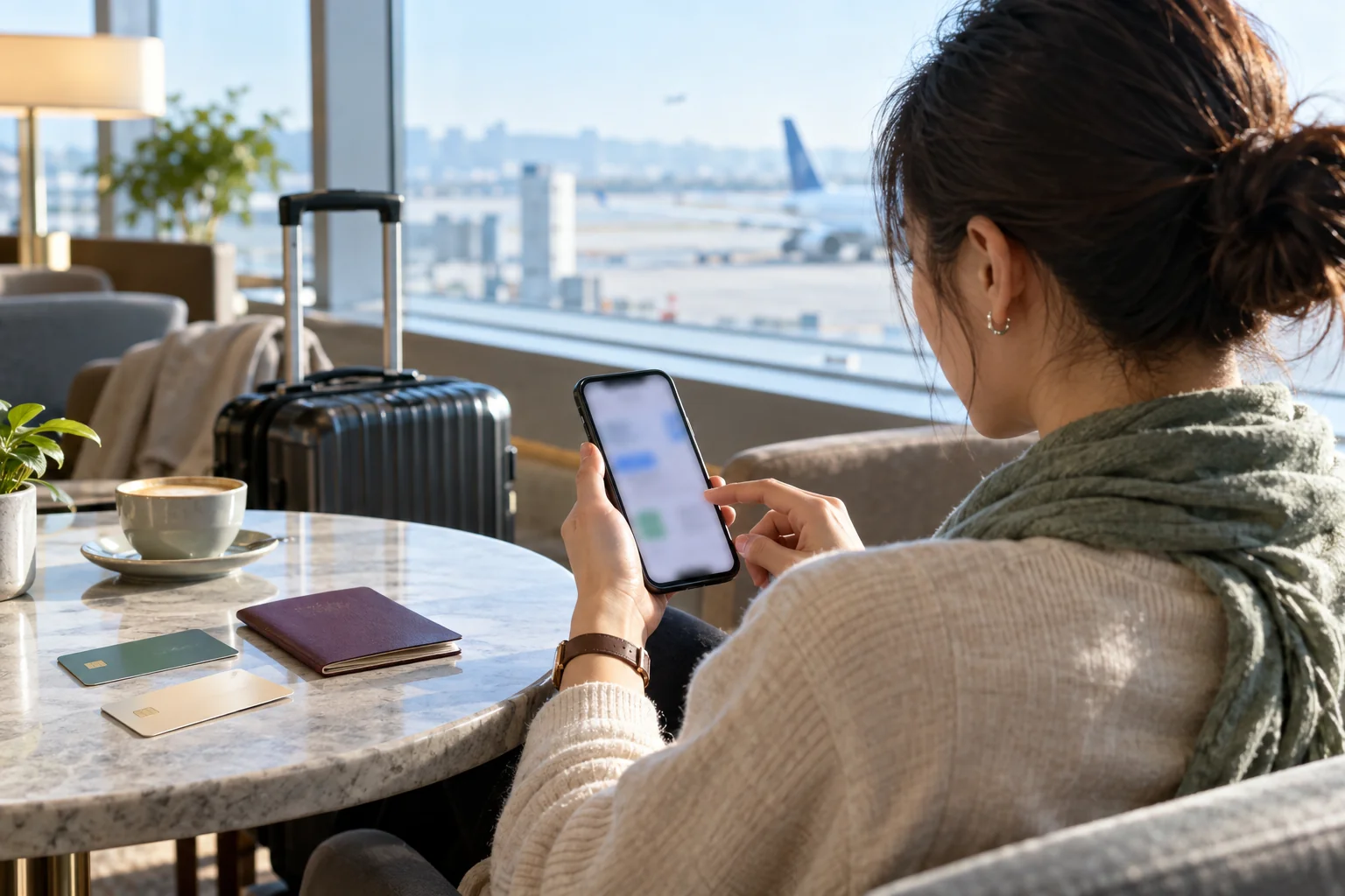Traveler preparing mobile payment apps and international cards before a flight to China