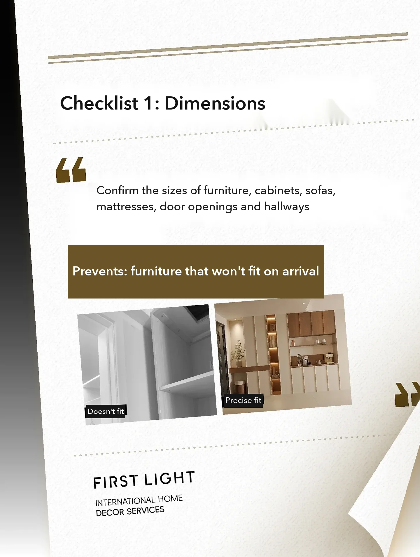 Checklist 1 from the same post: measure furniture, cabinets, sofas, mattresses, door openings and hallways before anything is made, so nothing.
