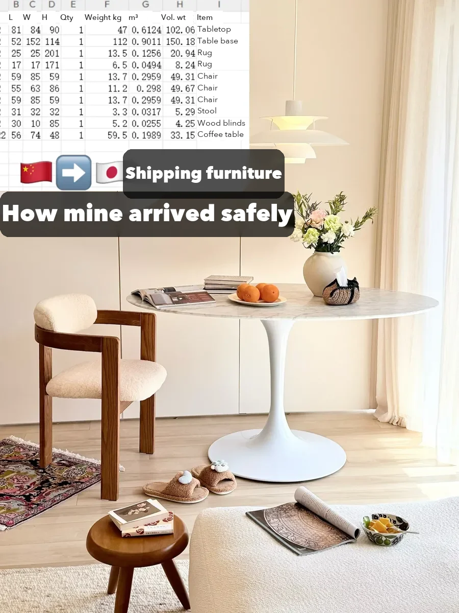 The same buyer's spreadsheet for the pieces sent to Japan: dimensions, actual weight, cubic metres and volumetric weight per item. Light, bulky.