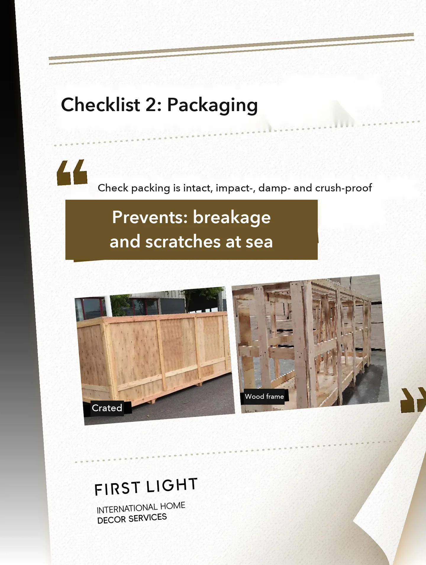 Checklist 2: packing should be intact and protected against impact, damp and crushing; the photos show a closed crate and an open reinforcing frame.