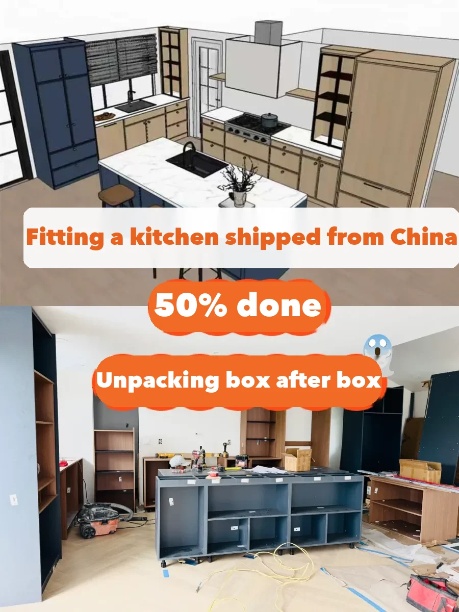 Custom kitchen cabinets shipped from China to Seattle, half-installed, with the design rendering above; the owner jokes about the endless parcels to.