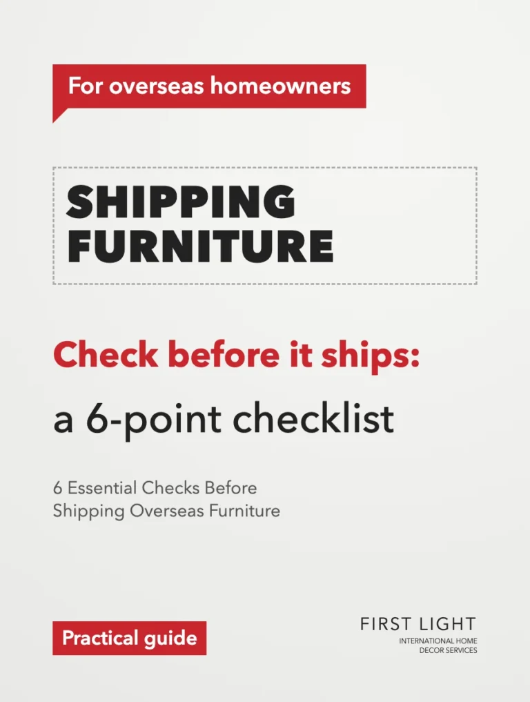 Cover of a six-point pre-shipping checklist from an overseas home-design service: dimensions, packing, quantities, quality, labelling and paperwork.