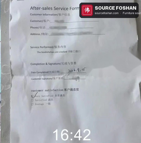 Signed after-sales service form for the bookcase, 16:42