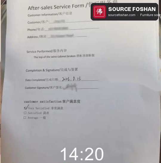 Signed after-sales service form, Very Satisfied ticked, 14:20