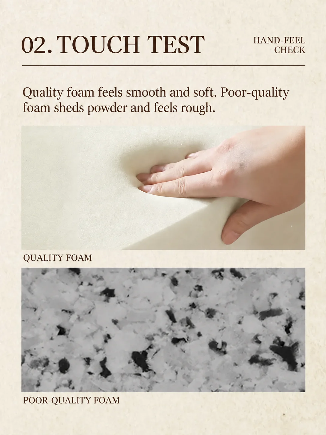 English foam touch-test guide comparing quality foam with poor-quality foam.
