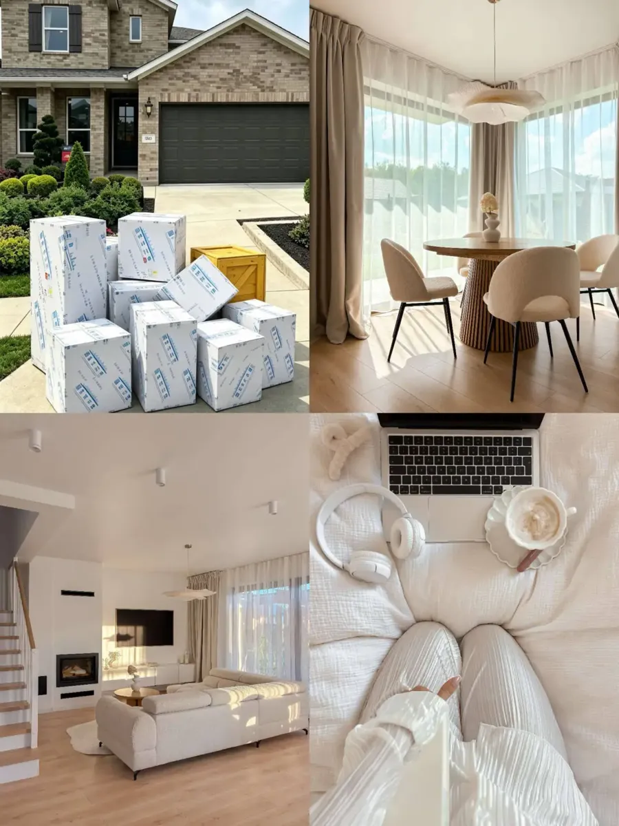 Sydney: cartons on arrival and the finished room.