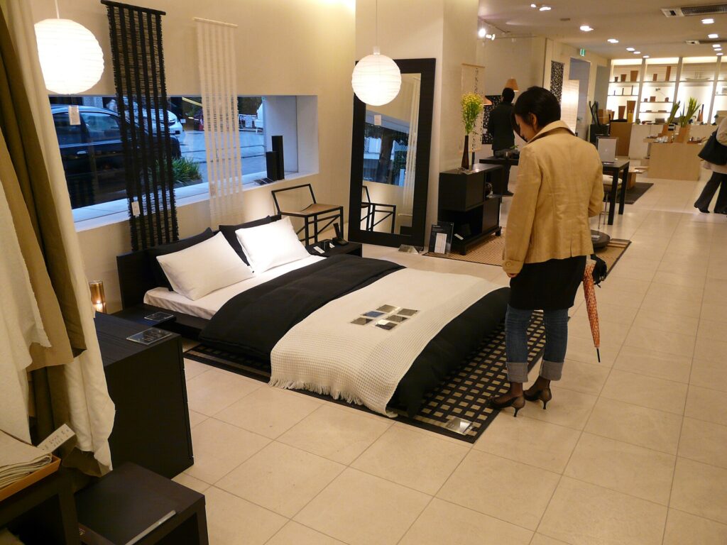 Furniture store floor with multiple sofa displays