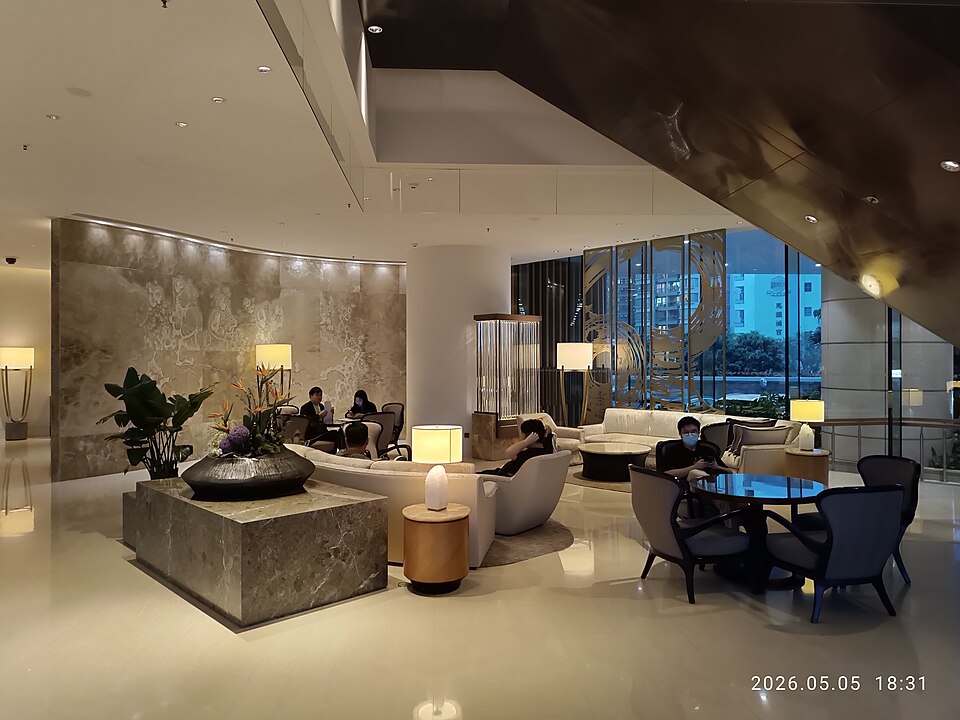 Unrelated hotel lobby illustrating a planned seated break