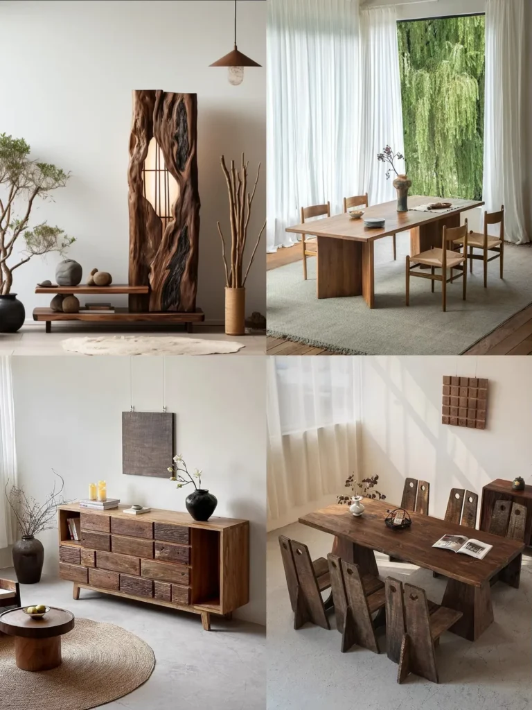 Wabi-sabi solid-wood pieces from the Zhongshan maker's post: sideboard, dining table and chairs, and a display stand. A kit per unit type is built.