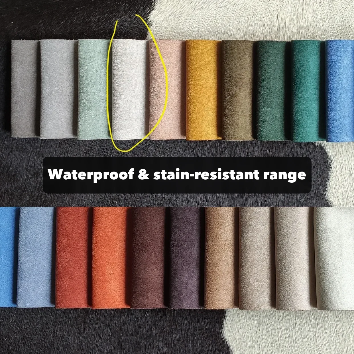 A waterproof, stain-resistant fabric swatch range shared with the same 1688 chair order. Put the chosen swatch in the order itself, because a dispute.