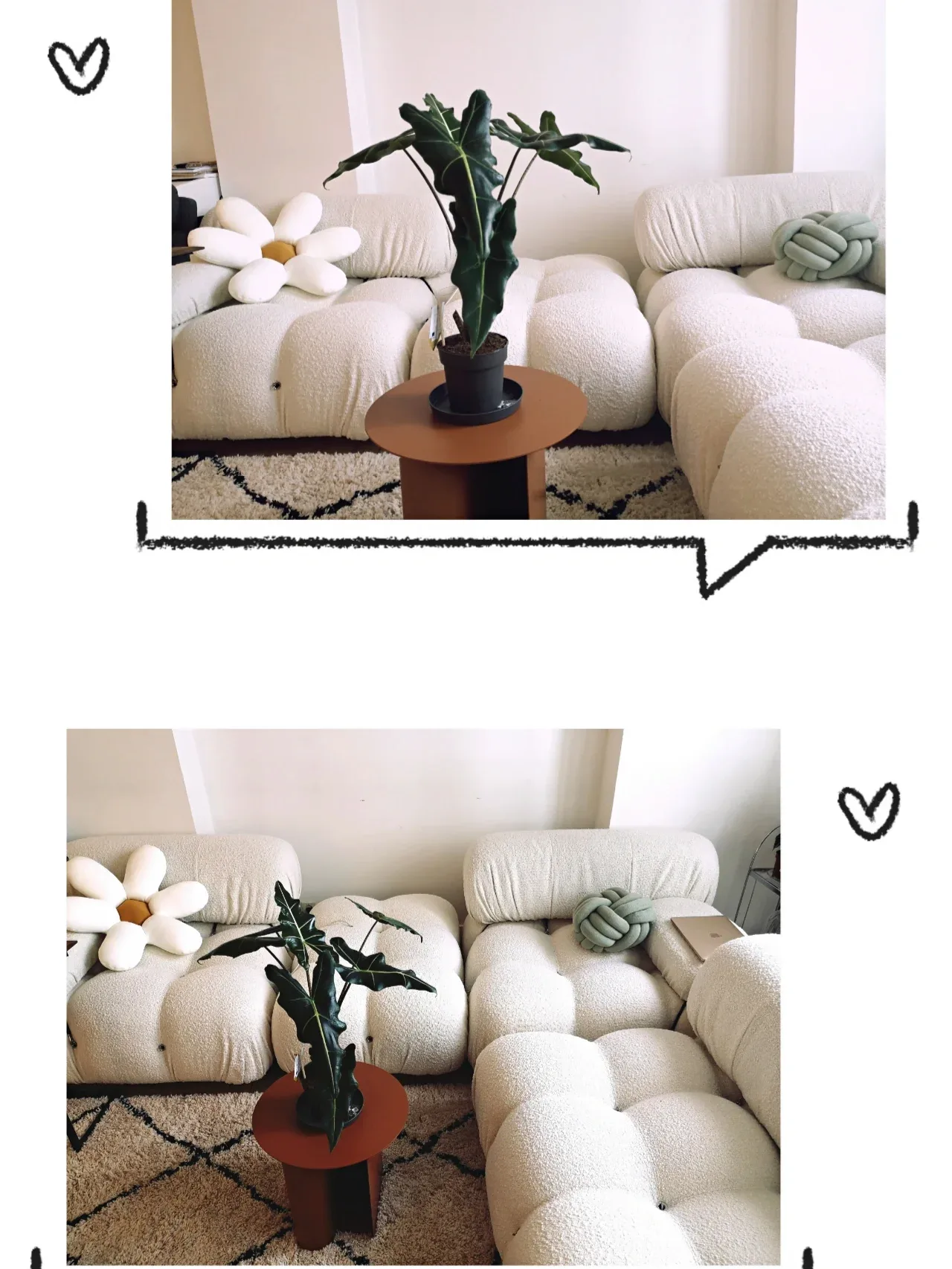 The Paris buyer's modular sofa arranged two ways. Module count, fabric and colour all have to be specified, which is why comparing listings line by.