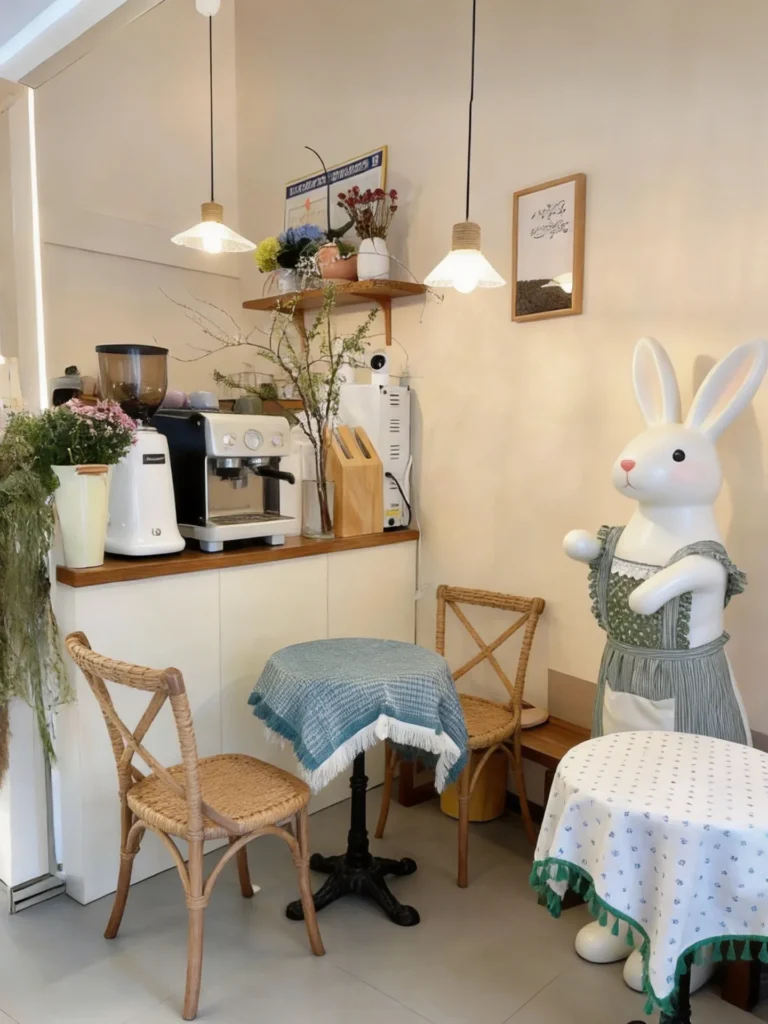 The coffee station and a corner of small bistro tables with rattan cross-back chairs, from a designer's post on a 20 m² café fit-out.